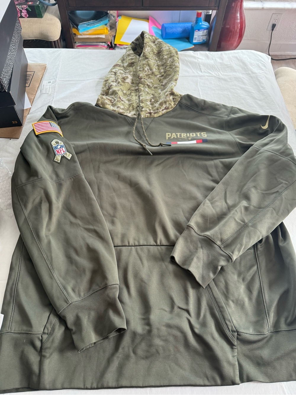NFL Patriots Olive Green Camo Hooded Pullover